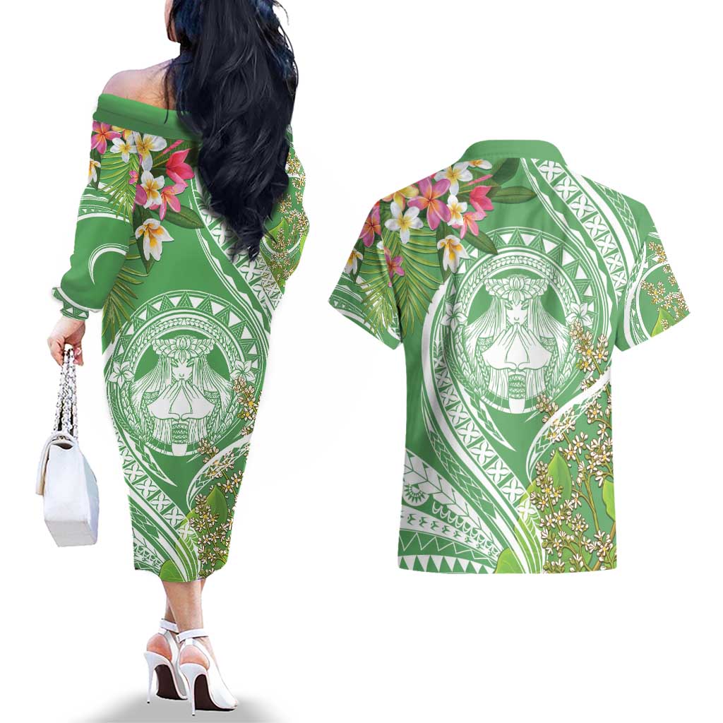 Aloha Molokai Island Couples Matching Off The Shoulder Long Sleeve Dress and Hawaiian Shirt Hawaii Pua Kukui LT7 - Polynesian Pride