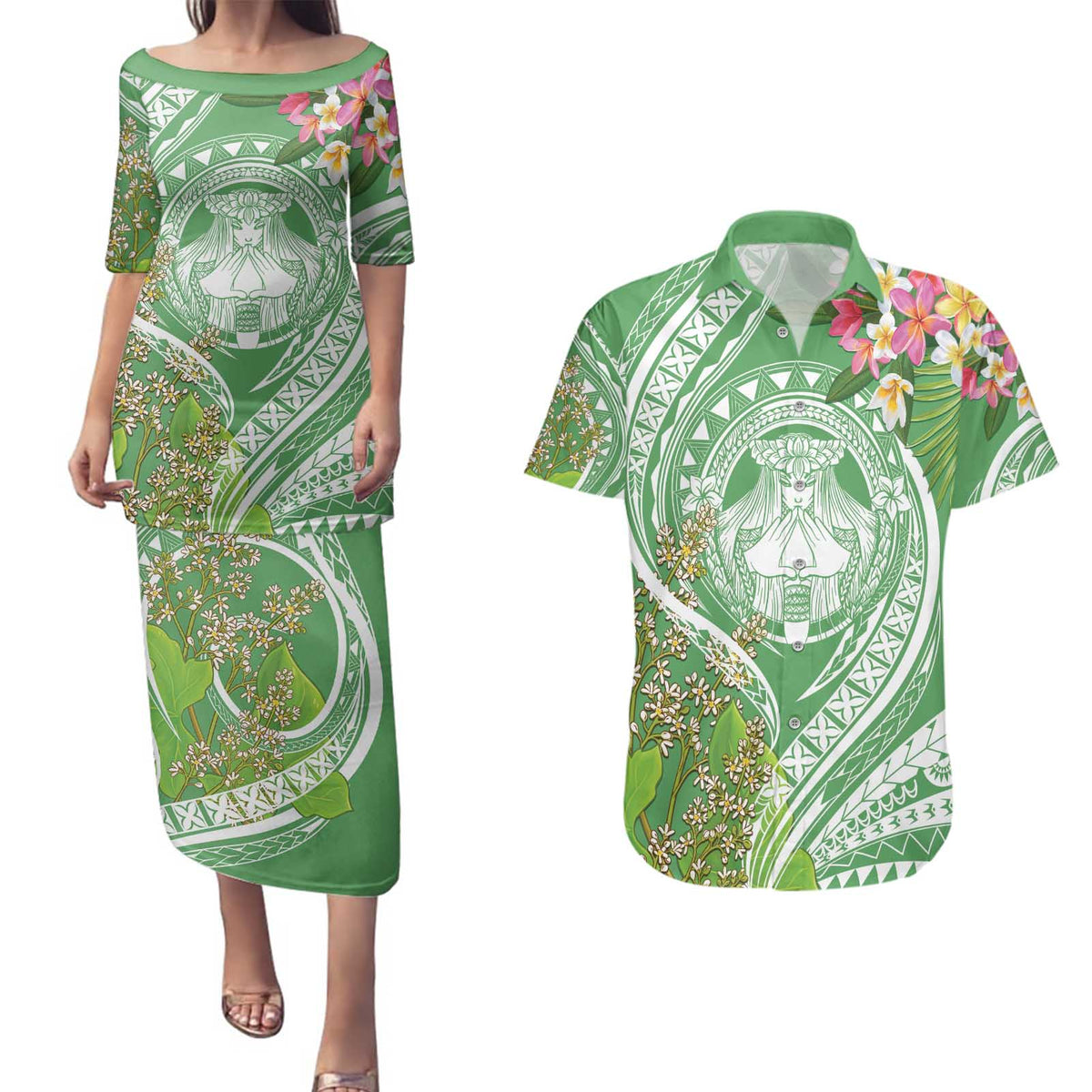 Aloha Molokai Island Couples Matching Puletasi and Hawaiian Shirt Hawaii Pua Kukui