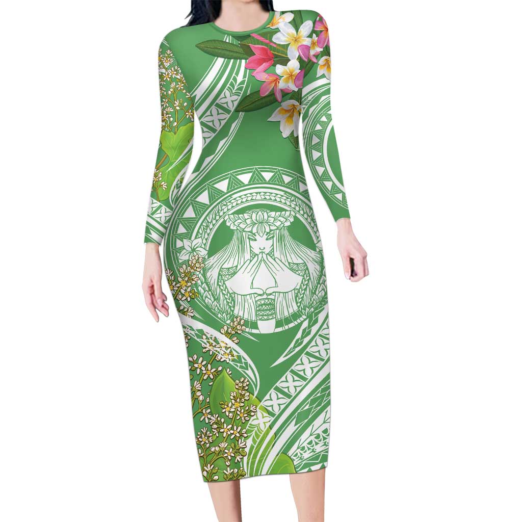 Aloha Molokai Island Family Matching Long Sleeve Bodycon Dress and Hawaiian Shirt Hawaii Pua Kukui LT7 Mom's Dress Green - Polynesian Pride