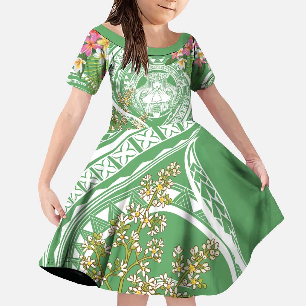 Aloha Molokai Island Family Matching Off Shoulder Maxi Dress and Hawaiian Shirt Hawaii Pua Kukui LT7 Daughter's Dress Green - Polynesian Pride