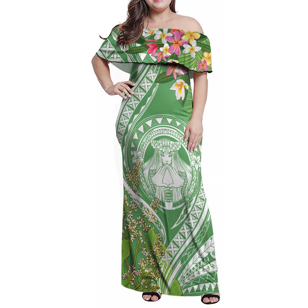 Aloha Molokai Island Family Matching Off Shoulder Maxi Dress and Hawaiian Shirt Hawaii Pua Kukui LT7 Mom's Dress Green - Polynesian Pride