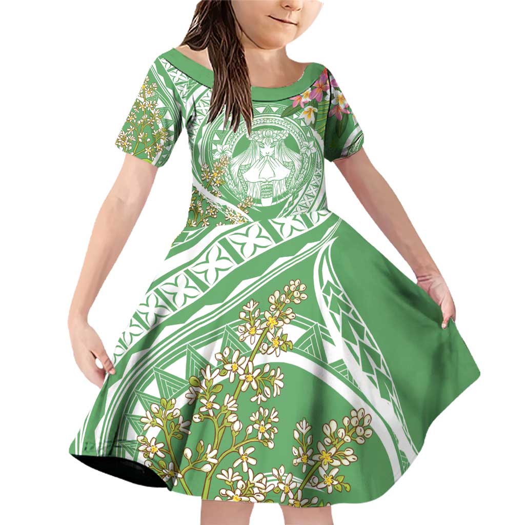 Aloha Molokai Island Family Matching Off Shoulder Short Dress and Hawaiian Shirt Hawaii Pua Kukui LT7 Daughter's Dress Green - Polynesian Pride