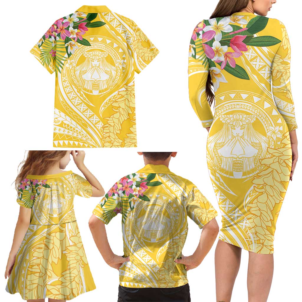 Aloha Hawaii Oahu Family Matching Long Sleeve Bodycon Dress and Hawaiian Shirt Wahine with Ilima Lei LT7 - Polynesian Pride