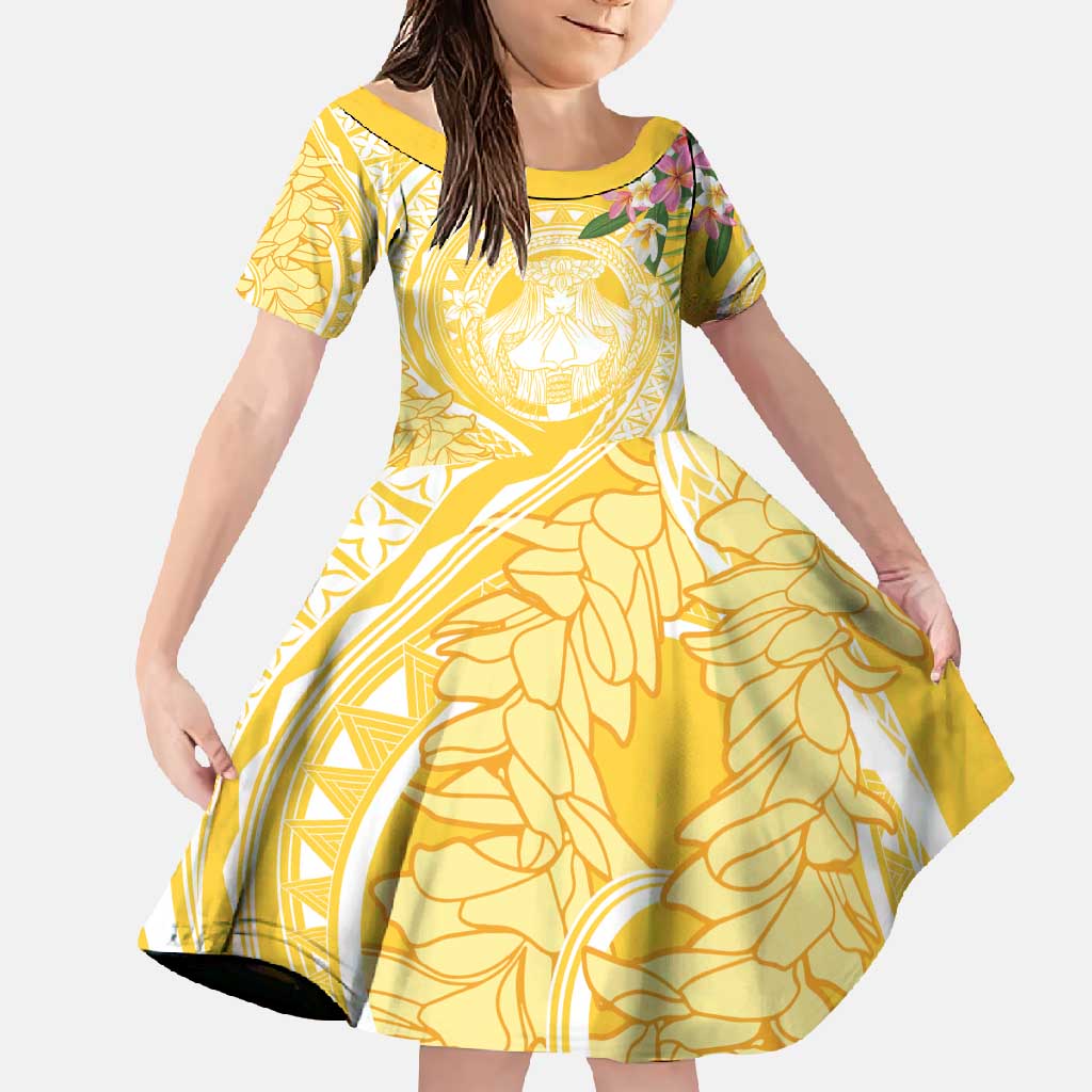 Aloha Hawaii Oahu Family Matching Mermaid Dress and Hawaiian Shirt Wahine with Ilima Lei LT7 Daughter's Dress Yellow - Polynesian Pride