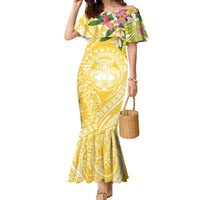 Aloha Hawaii Oahu Family Matching Mermaid Dress and Hawaiian Shirt Wahine with Ilima Lei LT7 Mom's Dress Yellow - Polynesian Pride