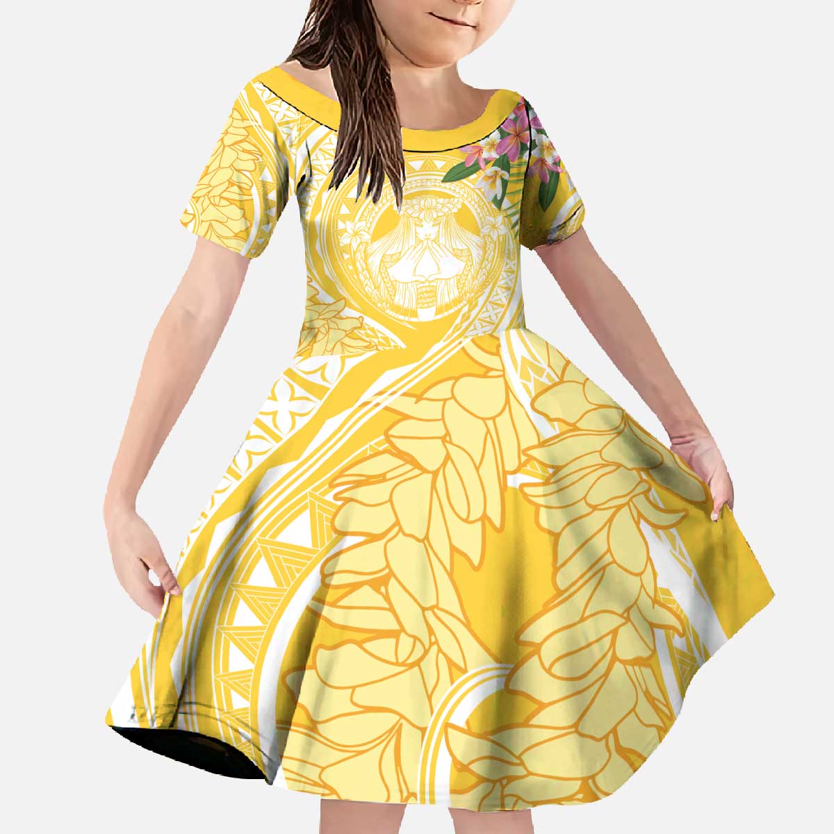 Aloha Hawaii Oahu Family Matching Off The Shoulder Long Sleeve Dress and Hawaiian Shirt Wahine with Ilima Lei LT7 - Polynesian Pride