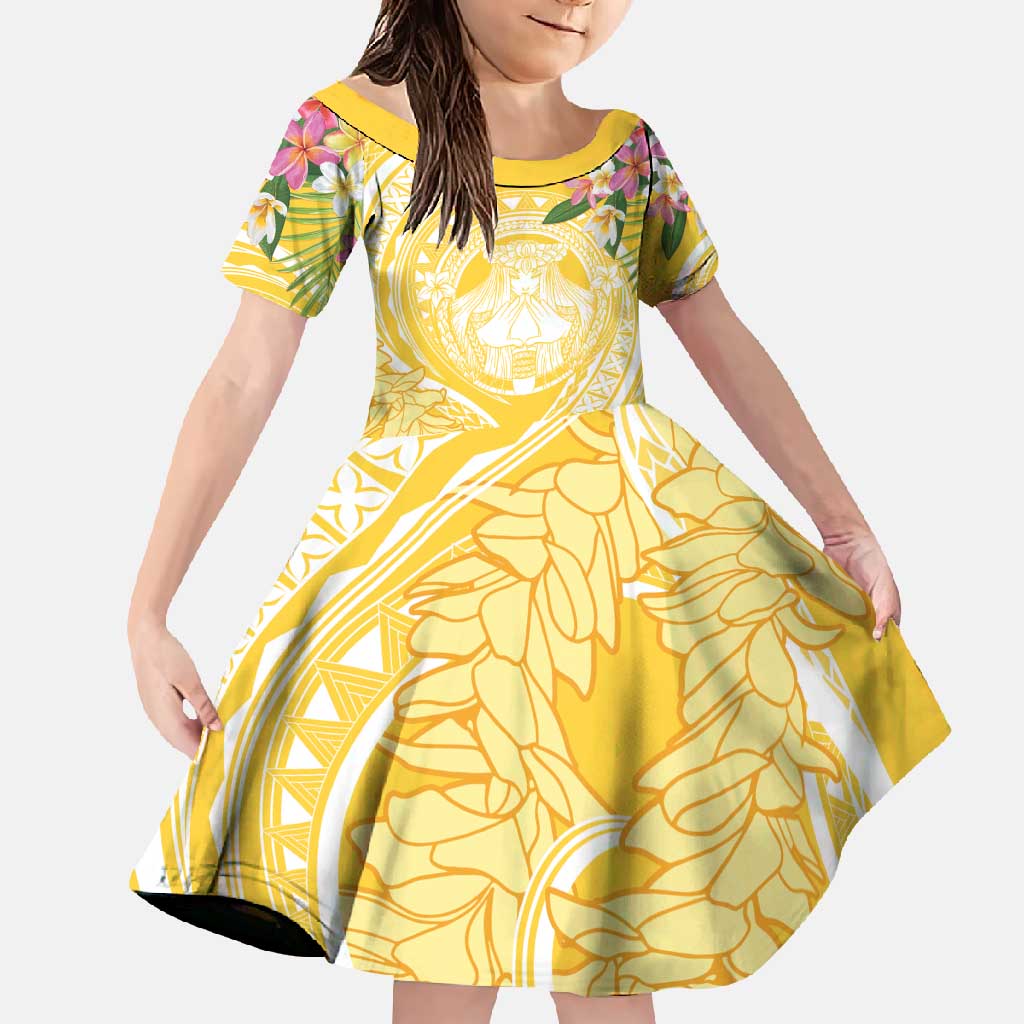 Aloha Hawaii Oahu Family Matching Off Shoulder Maxi Dress and Hawaiian Shirt Wahine with Ilima Lei LT7 Daughter's Dress Yellow - Polynesian Pride