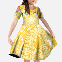 Aloha Hawaii Oahu Family Matching Off Shoulder Maxi Dress and Hawaiian Shirt Wahine with Ilima Lei LT7 Daughter's Dress Yellow - Polynesian Pride