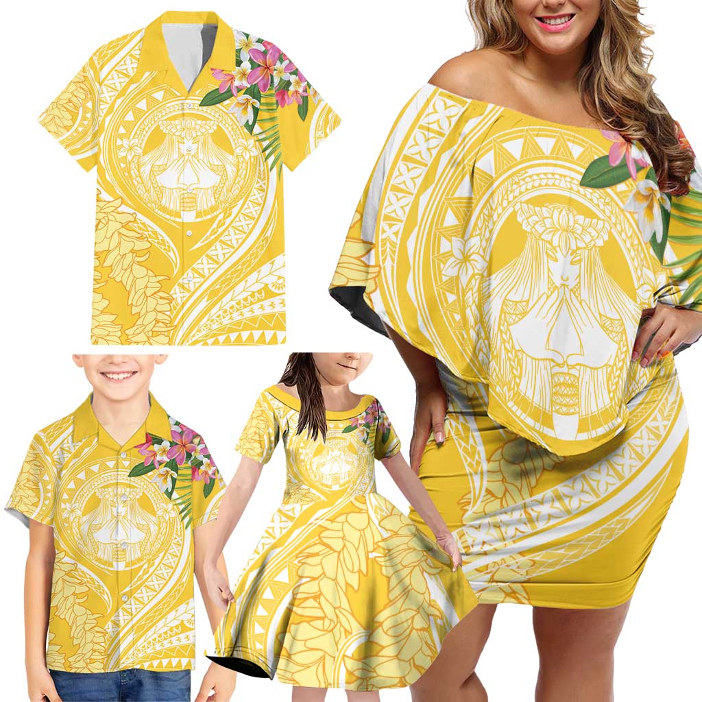 Aloha Hawaii Oahu Family Matching Off Shoulder Short Dress and Hawaiian Shirt Wahine with Ilima Lei LT7 - Polynesian Pride