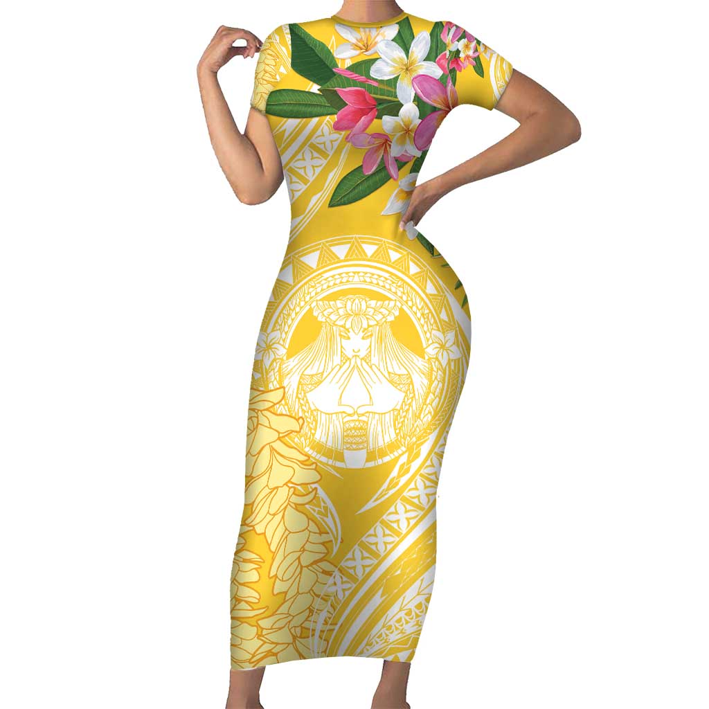 Aloha Hawaii Oahu Family Matching Short Sleeve Bodycon Dress and Hawaiian Shirt Wahine with Ilima Lei LT7 Mom's Dress Yellow - Polynesian Pride