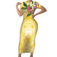 Aloha Hawaii Oahu Family Matching Short Sleeve Bodycon Dress and Hawaiian Shirt Wahine with Ilima Lei LT7 Mom's Dress Yellow - Polynesian Pride