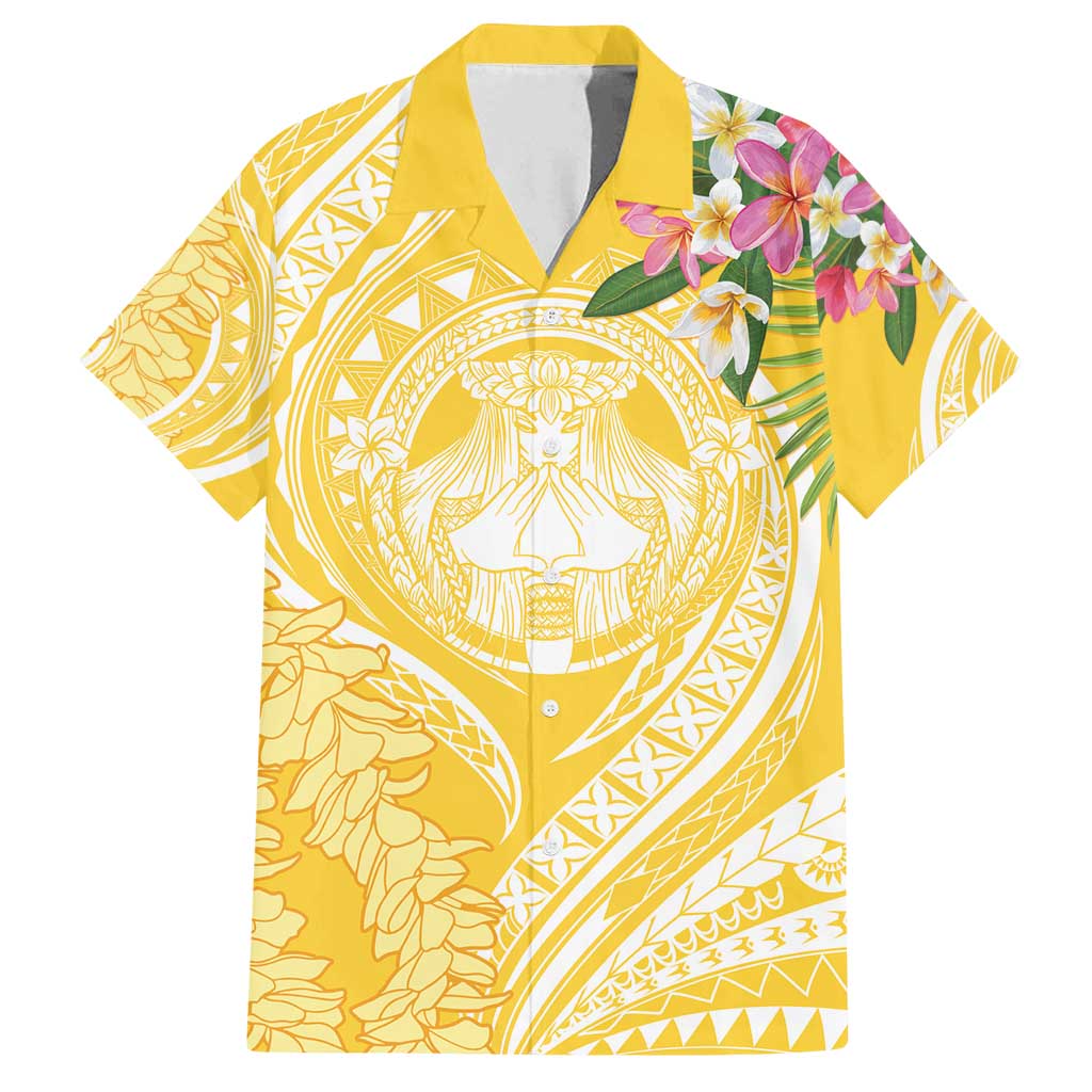 Aloha Hawaii Oahu Family Matching Summer Maxi Dress and Hawaiian Shirt Wahine with Ilima Lei LT7 Dad's Shirt - Short Sleeve Yellow - Polynesian Pride