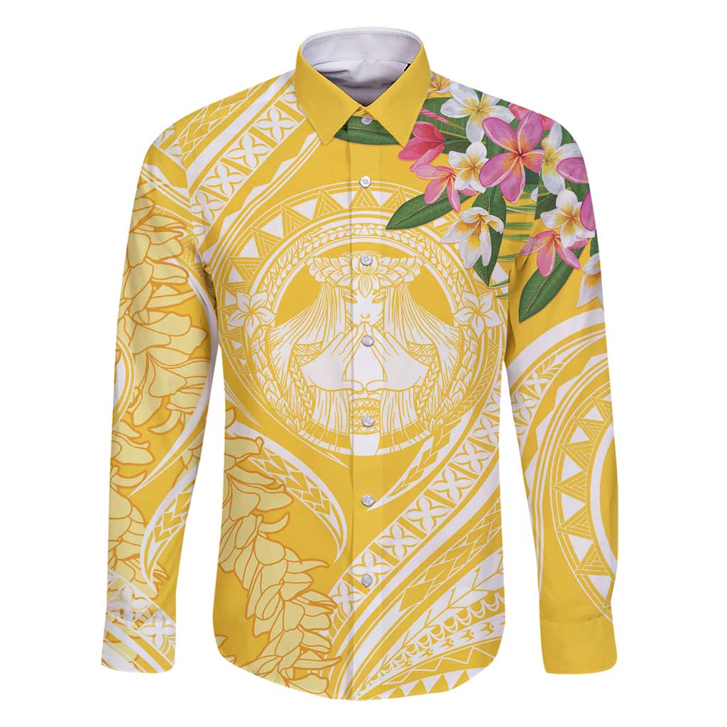 Aloha Hawaii Oahu Family Matching Tank Maxi Dress and Hawaiian Shirt Wahine with Ilima Lei LT7 Dad's Shirt - Long Sleeve Yellow - Polynesian Pride