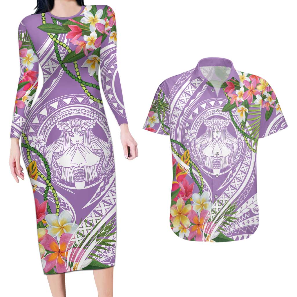 Aloha Hawaii Kauai Couples Matching Long Sleeve Bodycon Dress and Hawaiian Shirt Frangipani Mix Mokihana Lei LT7 Purple - Polynesian Pride