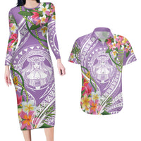 Aloha Hawaii Kauai Couples Matching Long Sleeve Bodycon Dress and Hawaiian Shirt Frangipani Mix Mokihana Lei LT7 Purple - Polynesian Pride