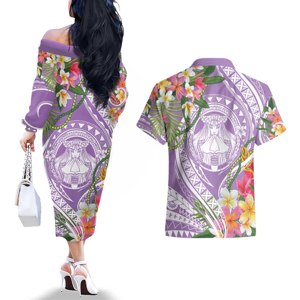 Aloha Hawaii Kauai Couples Matching Off The Shoulder Long Sleeve Dress and Hawaiian Shirt Frangipani Mix Mokihana Lei LT7 - Polynesian Pride