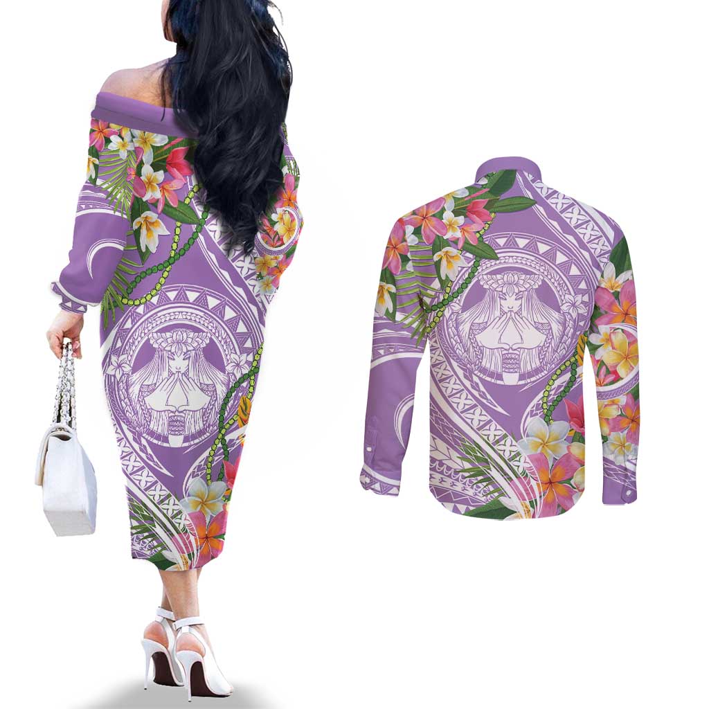 Aloha Hawaii Kauai Couples Matching Off The Shoulder Long Sleeve Dress and Long Sleeve Button Shirt Frangipani Mix Mokihana Lei LT7 - Polynesian Pride