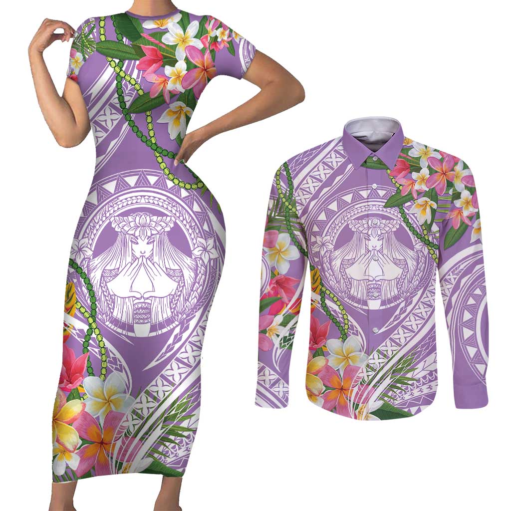 Aloha Hawaii Kauai Couples Matching Short Sleeve Bodycon Dress and Long Sleeve Button Shirt Frangipani Mix Mokihana Lei LT7 Purple - Polynesian Pride