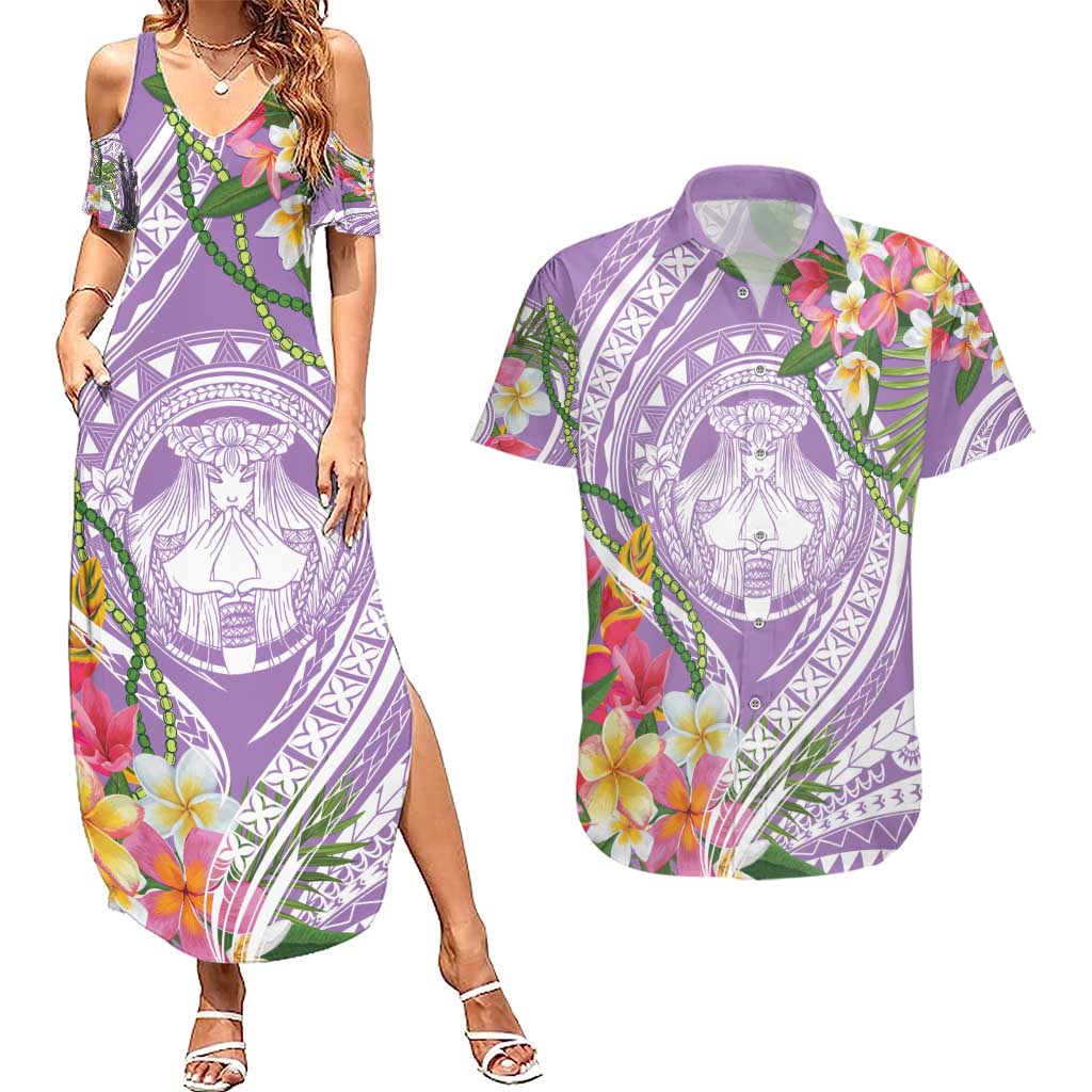 Aloha Hawaii Kauai Couples Matching Summer Maxi Dress and Hawaiian Shirt Frangipani Mix Mokihana Lei LT7 Purple - Polynesian Pride