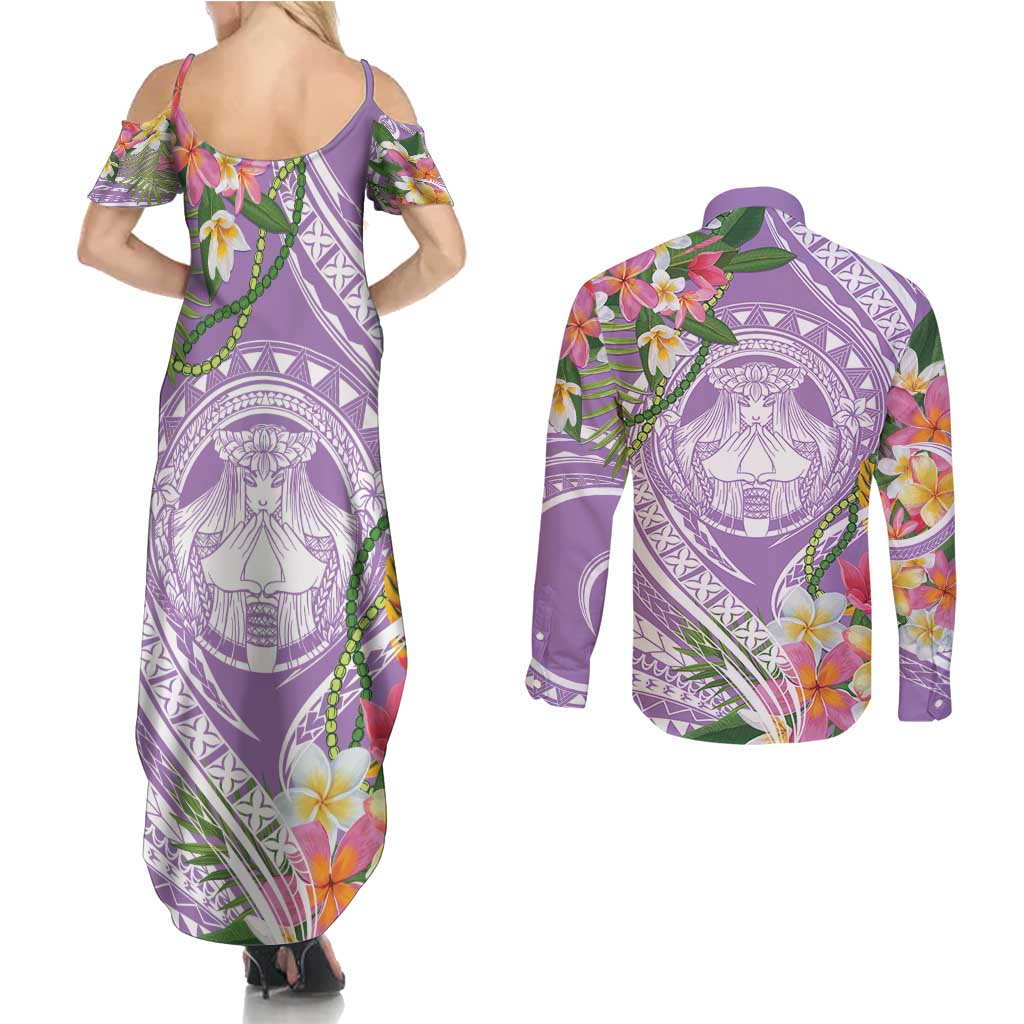 Aloha Hawaii Kauai Couples Matching Summer Maxi Dress and Long Sleeve Button Shirt Frangipani Mix Mokihana Lei