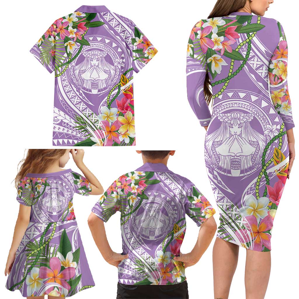Aloha Hawaii Kauai Family Matching Long Sleeve Bodycon Dress and Hawaiian Shirt Frangipani Mix Mokihana Lei LT7 - Polynesian Pride