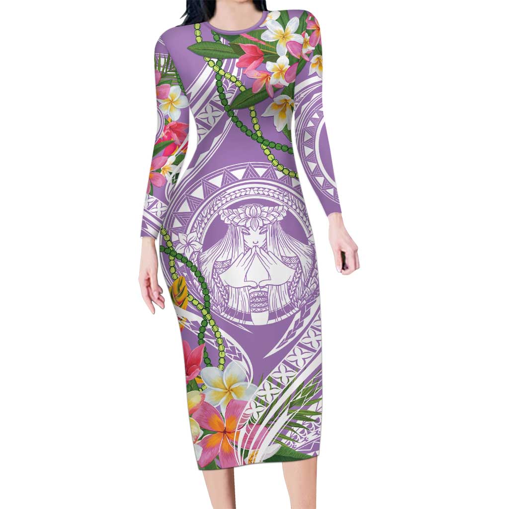 Aloha Hawaii Kauai Family Matching Long Sleeve Bodycon Dress and Hawaiian Shirt Frangipani Mix Mokihana Lei LT7 Mom's Dress Purple - Polynesian Pride
