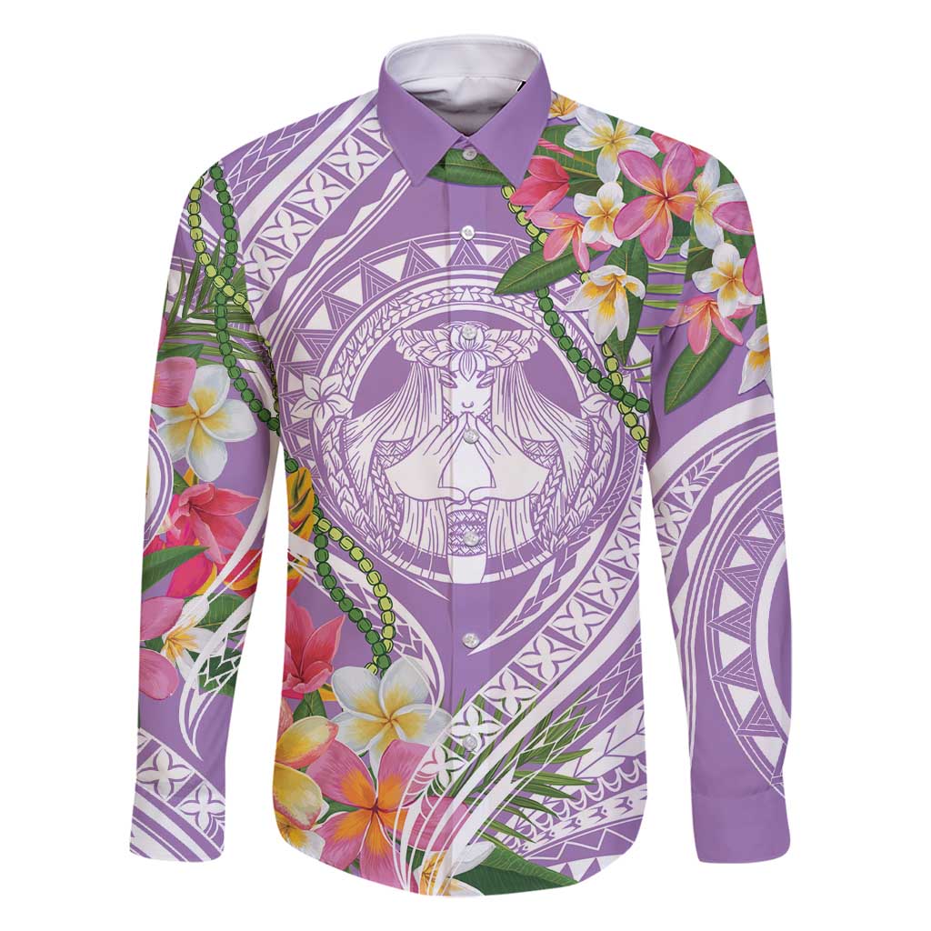 Aloha Hawaii Kauai Family Matching Mermaid Dress and Hawaiian Shirt Frangipani Mix Mokihana Lei LT7 Dad's Shirt - Long Sleeve Purple - Polynesian Pride