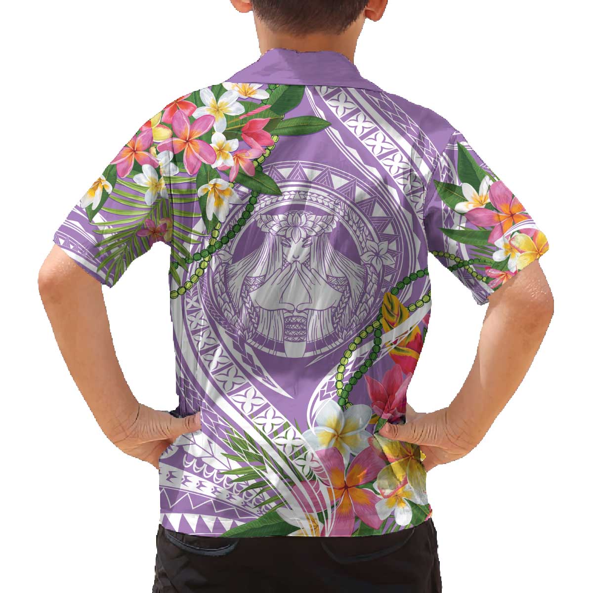 Aloha Hawaii Kauai Family Matching Off The Shoulder Long Sleeve Dress and Hawaiian Shirt Frangipani Mix Mokihana Lei LT7 - Polynesian Pride