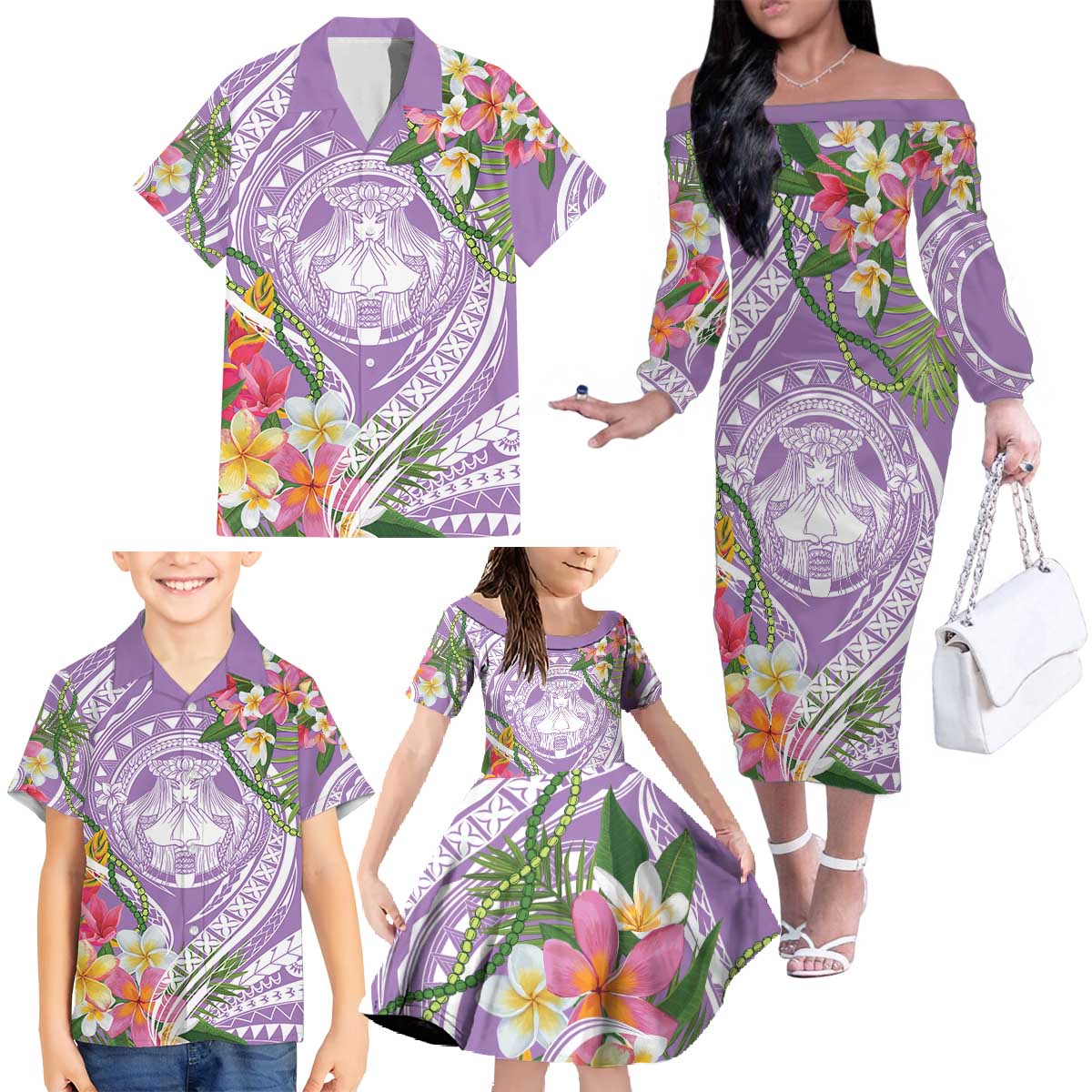 Aloha Hawaii Kauai Family Matching Off The Shoulder Long Sleeve Dress and Hawaiian Shirt Frangipani Mix Mokihana Lei LT7 Purple - Polynesian Pride