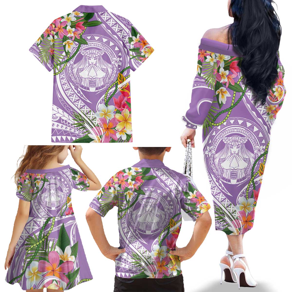 Aloha Hawaii Kauai Family Matching Off The Shoulder Long Sleeve Dress and Hawaiian Shirt Frangipani Mix Mokihana Lei LT7 - Polynesian Pride