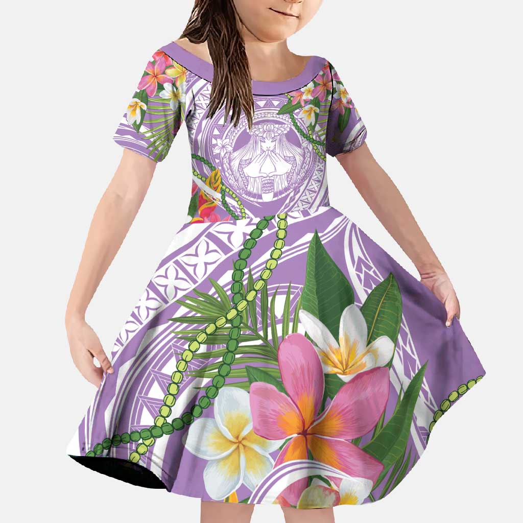 Aloha Hawaii Kauai Family Matching Off Shoulder Maxi Dress and Hawaiian Shirt Frangipani Mix Mokihana Lei LT7 Daughter's Dress Purple - Polynesian Pride