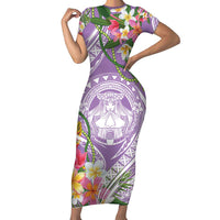 Aloha Hawaii Kauai Family Matching Short Sleeve Bodycon Dress and Hawaiian Shirt Frangipani Mix Mokihana Lei LT7 Mom's Dress Purple - Polynesian Pride