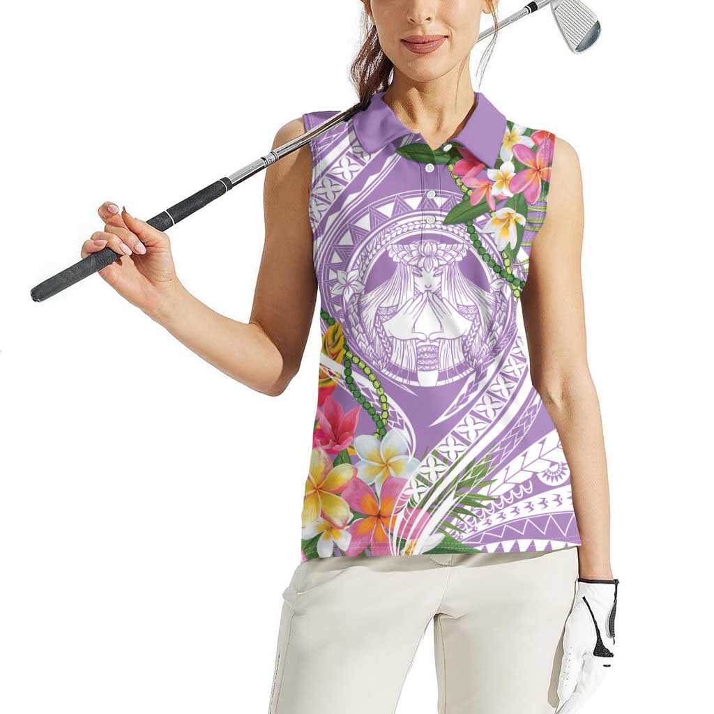 Aloha Hawaii Kauai Women Sleeveless Polo Shirt Frangipani Mix Mokihana Lei