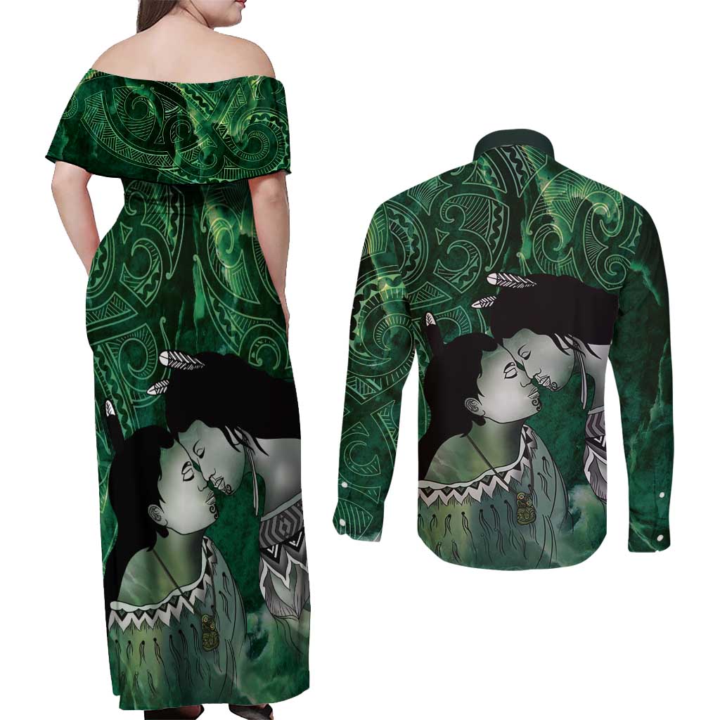 New Zealand Aroha Koe Mama Couples Matching Off Shoulder Maxi Dress and Long Sleeve Button Shirt Maori Hongi - Pounamu LT7 - Polynesian Pride