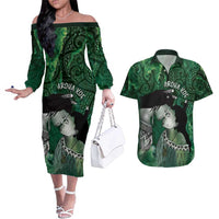 New Zealand Aroha Koe Mama Couples Matching Off The Shoulder Long Sleeve Dress and Hawaiian Shirt Maori Hongi - Pounamu LT7 Green - Polynesian Pride