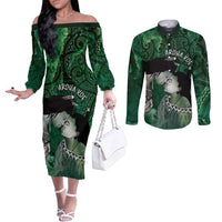 New Zealand Aroha Koe Mama Couples Matching Off The Shoulder Long Sleeve Dress and Long Sleeve Button Shirt Maori Hongi - Pounamu LT7 Green - Polynesian Pride