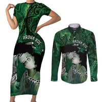 New Zealand Aroha Koe Mama Couples Matching Short Sleeve Bodycon Dress and Long Sleeve Button Shirt Maori Hongi - Pounamu LT7 Green - Polynesian Pride