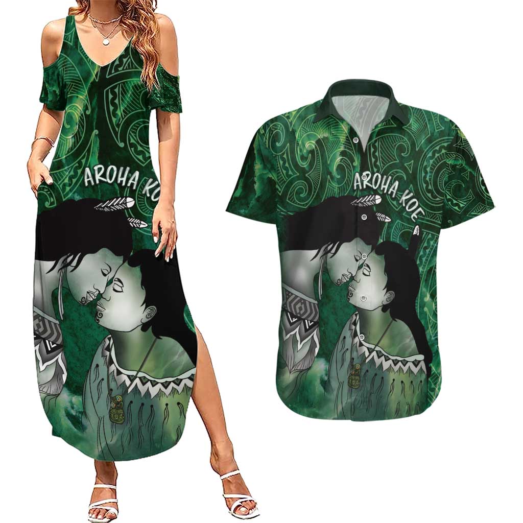 New Zealand Aroha Koe Mama Couples Matching Summer Maxi Dress and Hawaiian Shirt Maori Hongi - Pounamu LT7 Green - Polynesian Pride