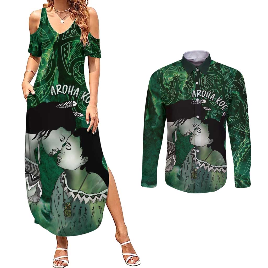 New Zealand Aroha Koe Mama Couples Matching Summer Maxi Dress and Long Sleeve Button Shirt Maori Hongi - Pounamu LT7 Green - Polynesian Pride