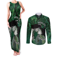 New Zealand Aroha Koe Mama Couples Matching Tank Maxi Dress and Long Sleeve Button Shirt Maori Hongi - Pounamu LT7 Green - Polynesian Pride