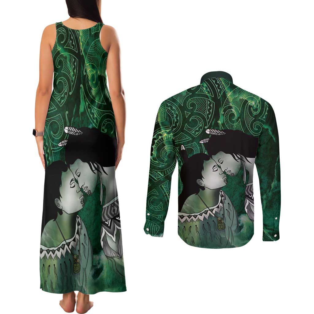New Zealand Aroha Koe Mama Couples Matching Tank Maxi Dress and Long Sleeve Button Shirt Maori Hongi - Pounamu LT7 - Polynesian Pride