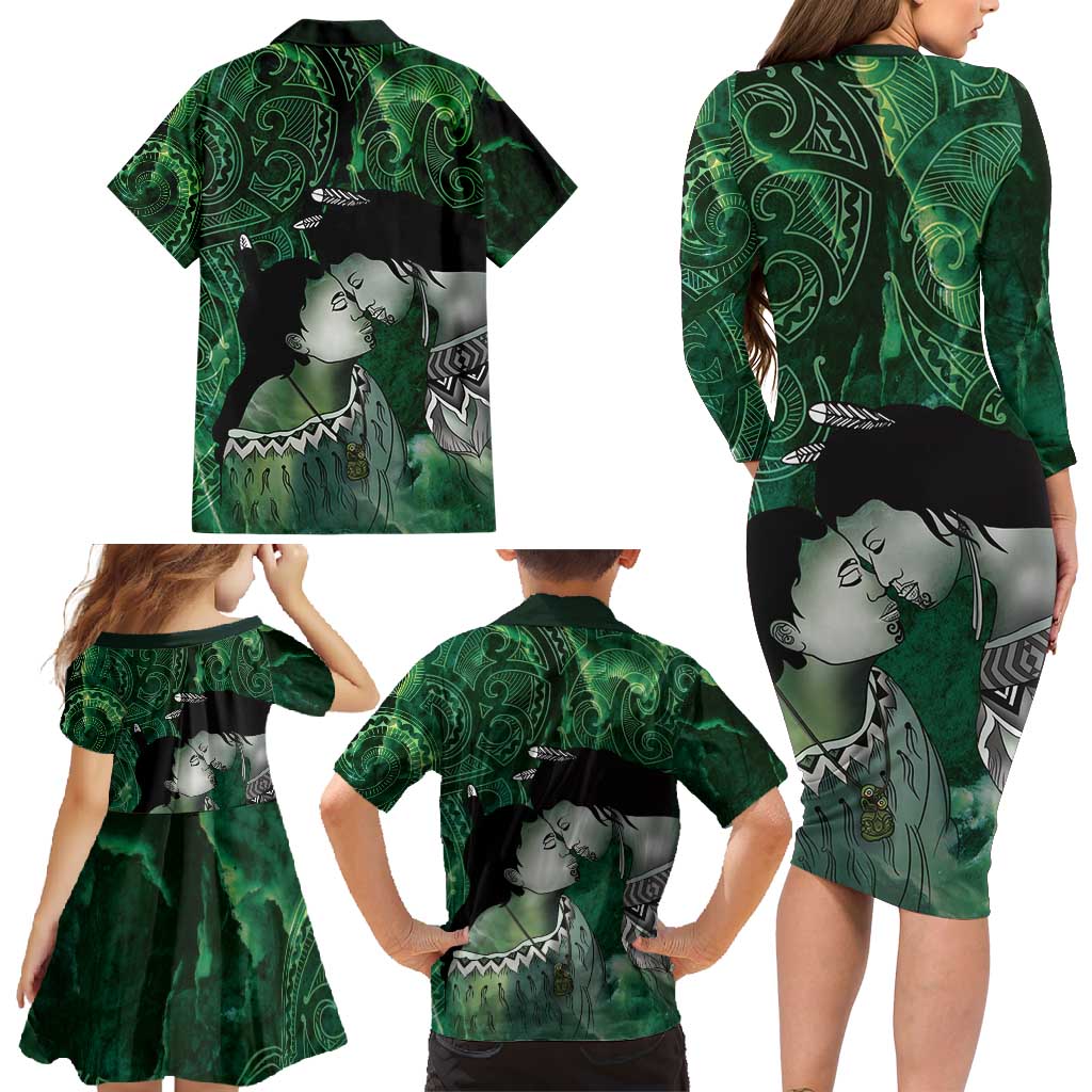 New Zealand Aroha Koe Mama Family Matching Long Sleeve Bodycon Dress and Hawaiian Shirt Maori Hongi - Pounamu LT7 - Polynesian Pride