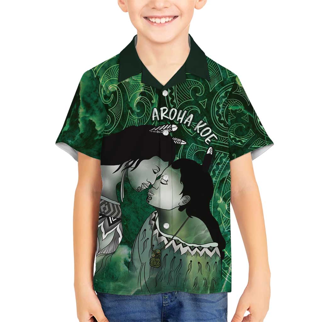 New Zealand Aroha Koe Mama Family Matching Long Sleeve Bodycon Dress and Hawaiian Shirt Maori Hongi - Pounamu LT7 Son's Shirt Green - Polynesian Pride