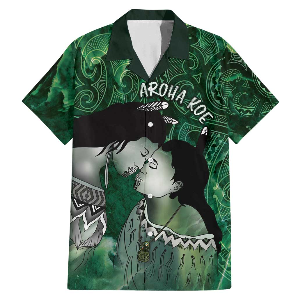 New Zealand Aroha Koe Mama Family Matching Mermaid Dress and Hawaiian Shirt Maori Hongi - Pounamu LT7 Dad's Shirt - Short Sleeve Green - Polynesian Pride