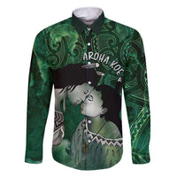 New Zealand Aroha Koe Mama Family Matching Mermaid Dress and Hawaiian Shirt Maori Hongi - Pounamu LT7 Dad's Shirt - Long Sleeve Green - Polynesian Pride