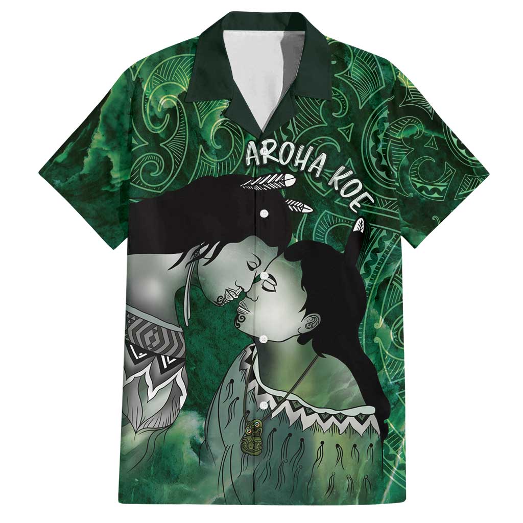 New Zealand Aroha Koe Mama Family Matching Puletasi and Hawaiian Shirt Maori Hongi - Pounamu LT7 Dad's Shirt - Short Sleeve Green - Polynesian Pride
