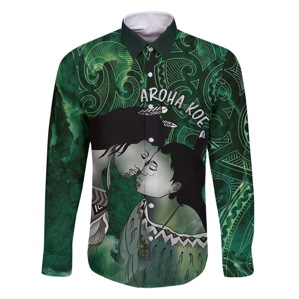 New Zealand Aroha Koe Mama Family Matching Tank Maxi Dress and Hawaiian Shirt Maori Hongi - Pounamu LT7 Dad's Shirt - Long Sleeve Green - Polynesian Pride