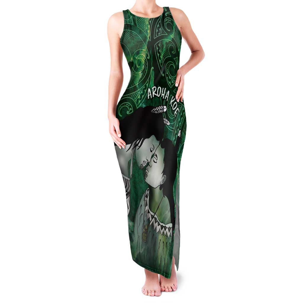 New Zealand Aroha Koe Mama Family Matching Tank Maxi Dress and Hawaiian Shirt Maori Hongi - Pounamu LT7 Mom's Dress Green - Polynesian Pride