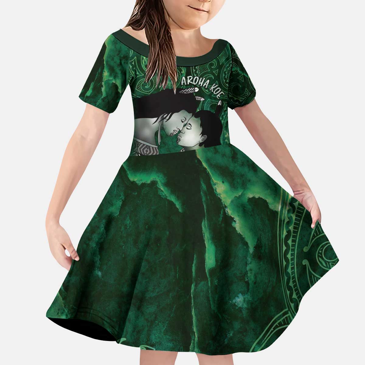 New Zealand Aroha Koe Mama Kid Short Sleeve Dress Maori Hongi - Pounamu LT7 KID Green - Polynesian Pride