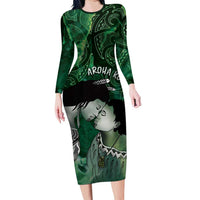 New Zealand Aroha Koe Mama Long Sleeve Bodycon Dress Maori Hongi - Pounamu LT7 Long Dress Green - Polynesian Pride